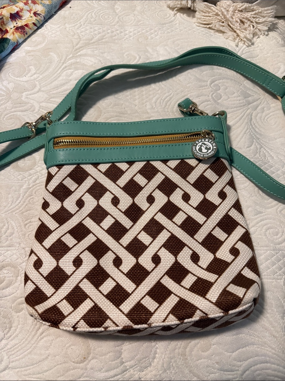 Spartina 449 Brown & White Geometric Crossbody with Mint Trim